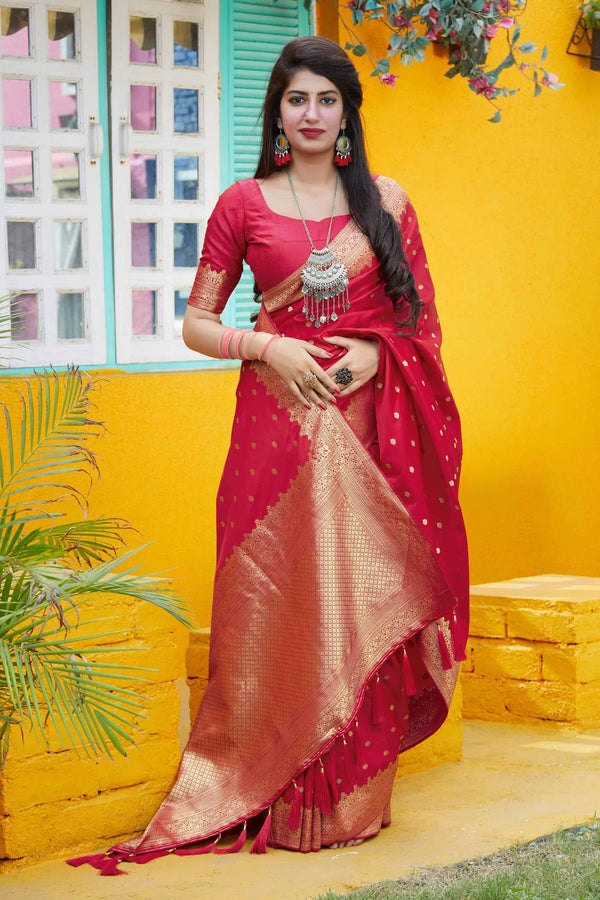 Cherry Red Zari Woven Satin Katan Banaras Saree