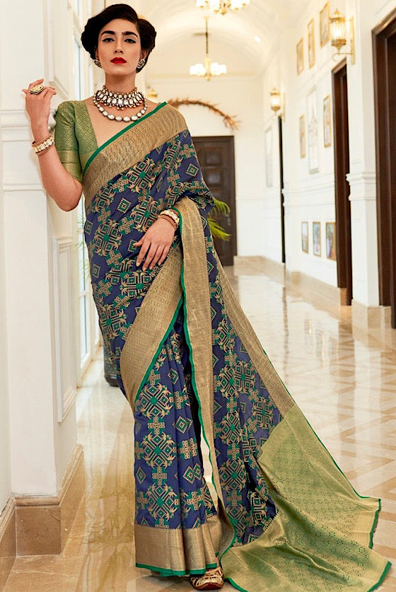 Shades Of Blue Patola Silk Saree With Antique Golden Border