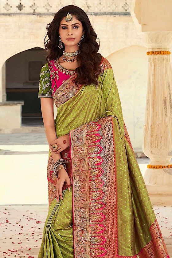 Pear Green Designer Banaras Zari Woven Silk Saree