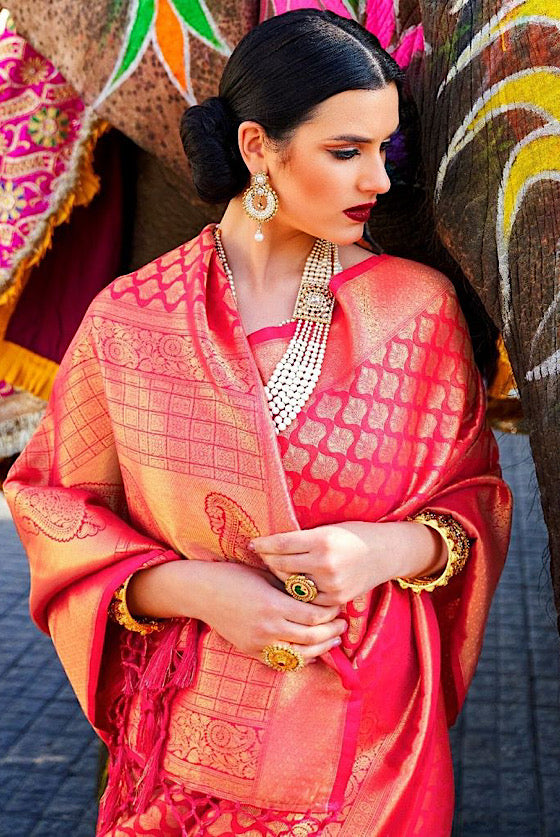 Hot Pink Zari Woven Kanjivaram Silk Saree