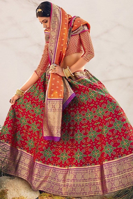 Red Patola Lehenga With Kanjivaram Border & Dupatta