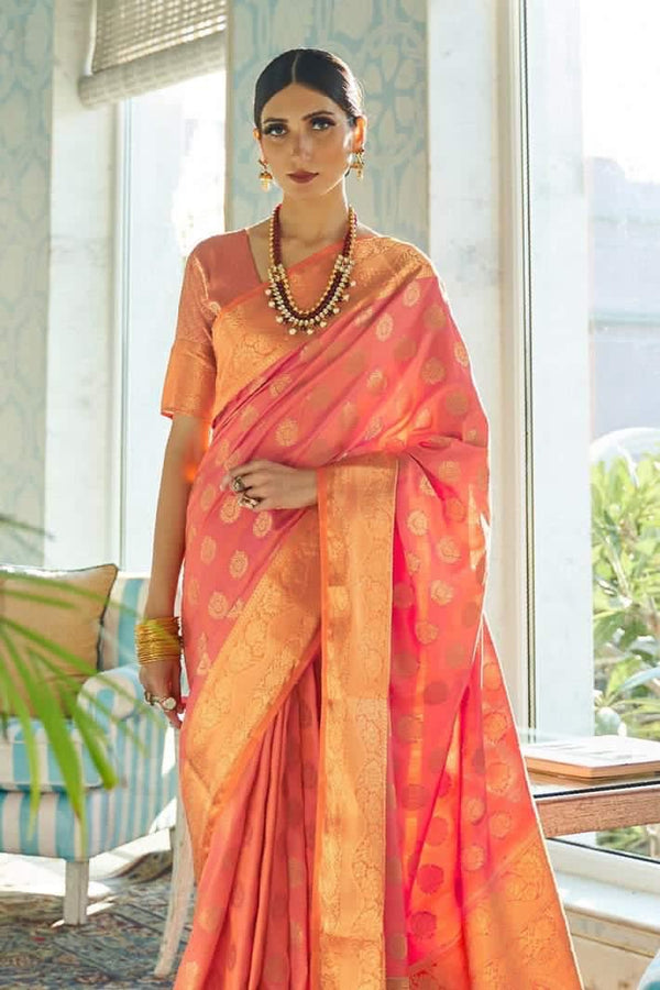 Peach Pink Zari Woven Banarasi saree