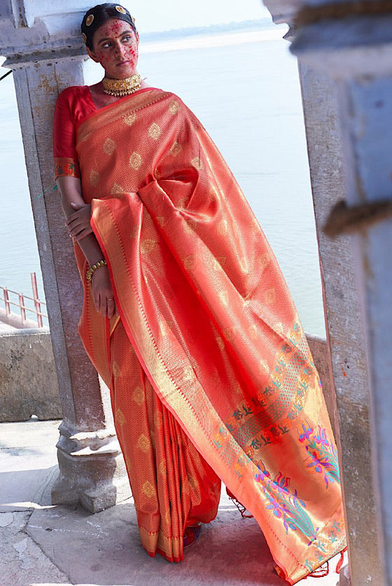 Orange Zari Woven Kanjivaram Silk Saree