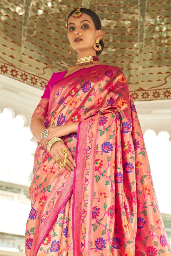 Ruby Pink Gold Weaved Paithani Silk Saree