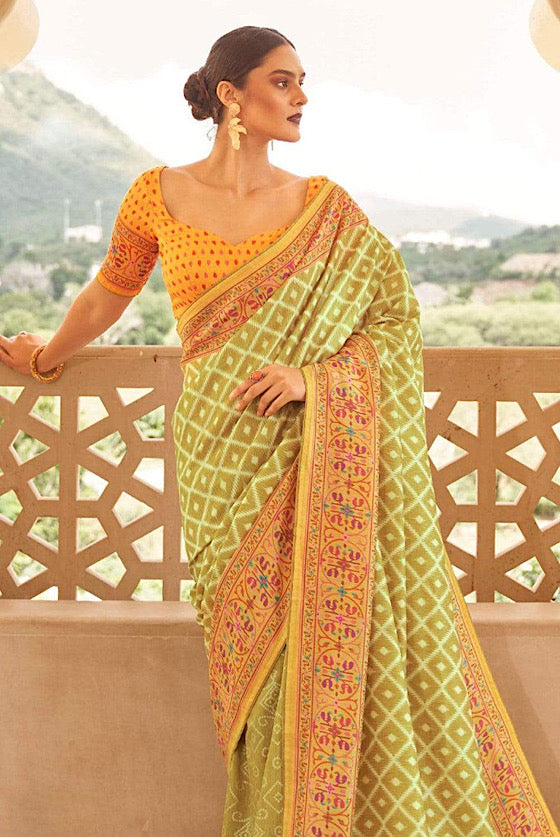 Light Green Designer Printed Silk Saree