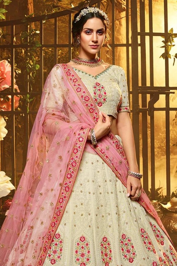 White & Pink Exclusively Designed Lucknowi Lehenga Choli