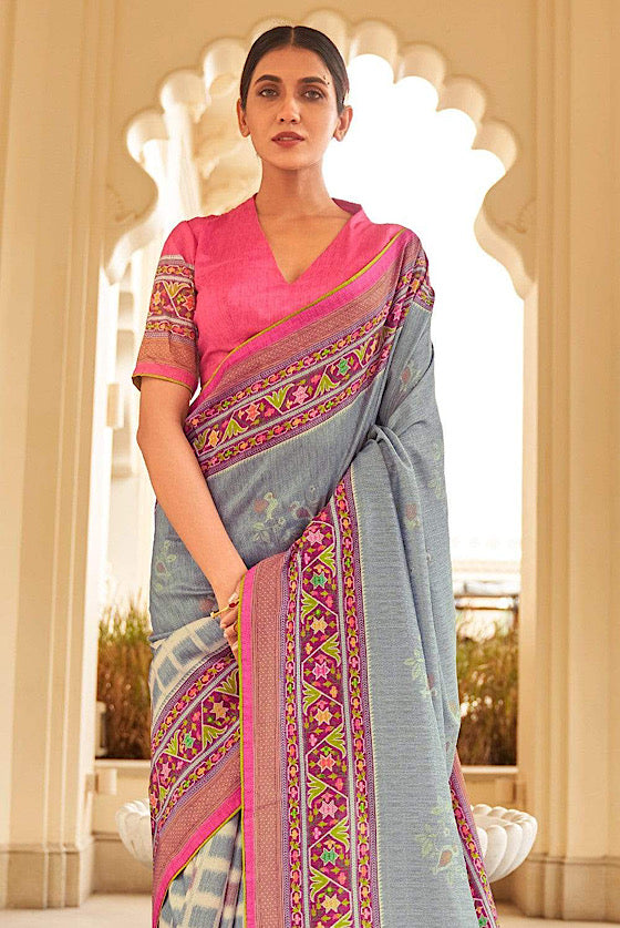 Grey Designer Printed Silk Saree