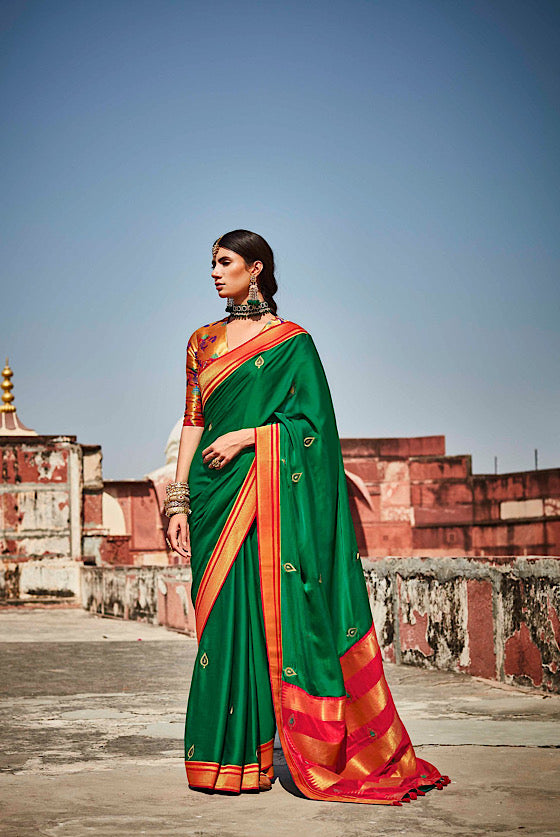 Jungle Green Woven Paithani Silk Saree