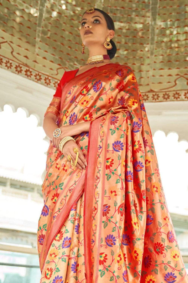 Coral Red Gold Weaved Paithani Silk Saree