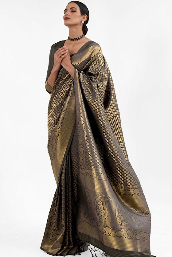 Raven Black Zari Woven Kanjivaram Silk Saree