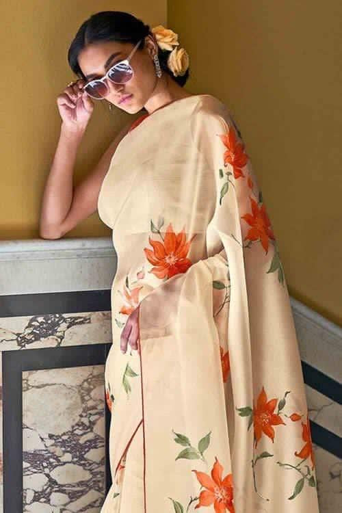 Cream Yellow Organza Floral Saree