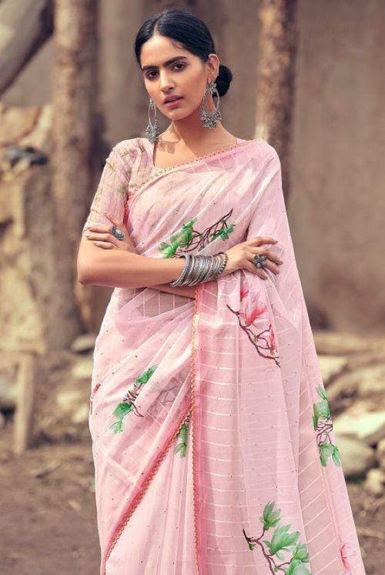 Rose Pink Floral Organza Saree