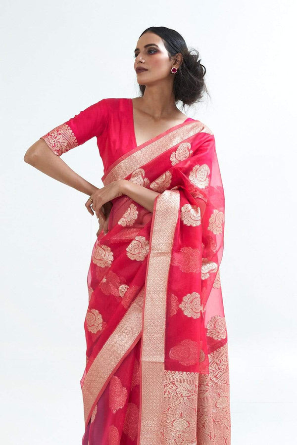 Scarlet Red Zari Woven Organza Silk Saree.