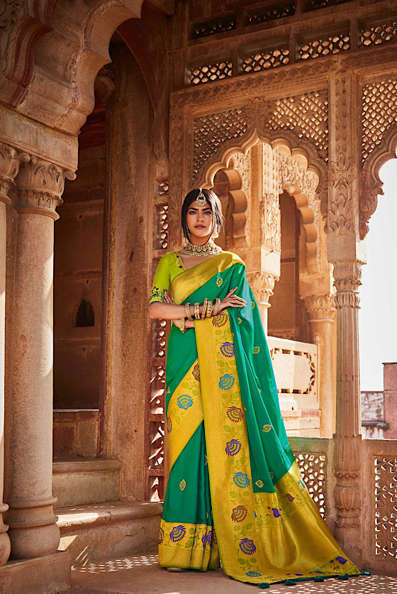 Peacock Green Woven Silk Saree