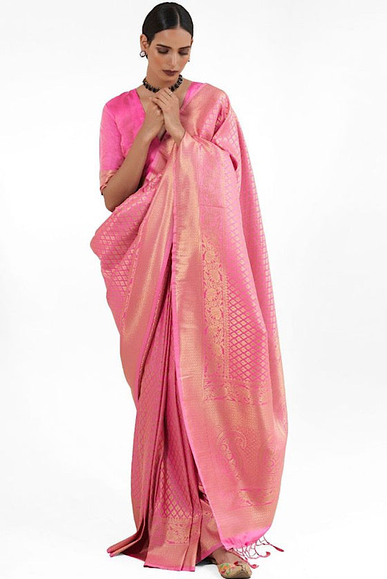 Baby Pink Zari Woven Kanjivaram Silk Saree