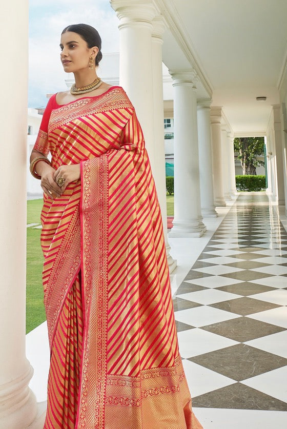 Hot Pink Zari Woven Leheriya Banarasi Silk Saree