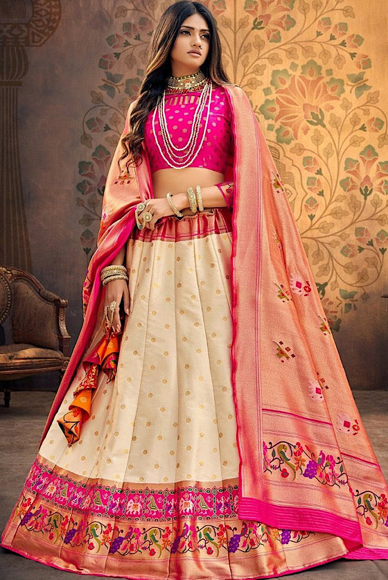 Half White Banarasi Patola Lehenga With Paithani Border