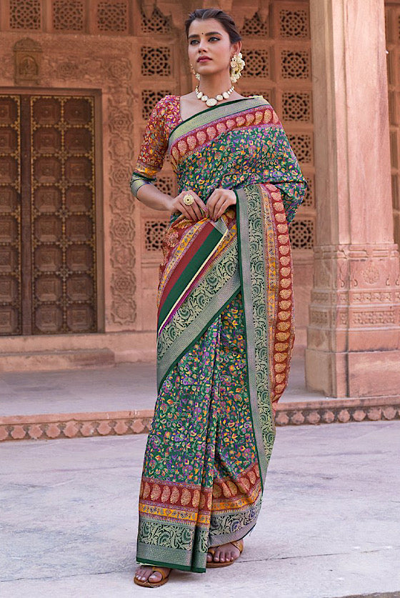 Jungle Green Banarasi Border  Saree With Kashmiri Floral  Print