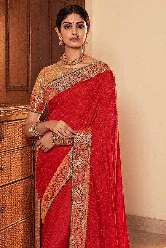 Scarlet Red Zari Woven South Silk Saree With Swaroski