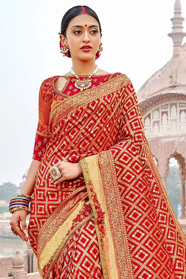 Red Banarasi Saree with Embroidered Blouse