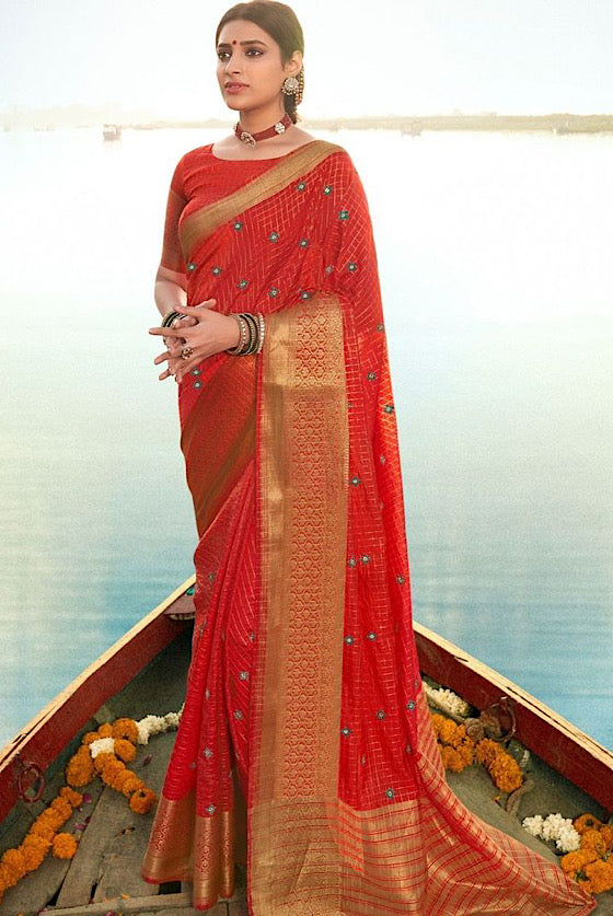 Chilli Red Banarasi Chanderi Woven Silk Saree With All Over Embroidery Butta