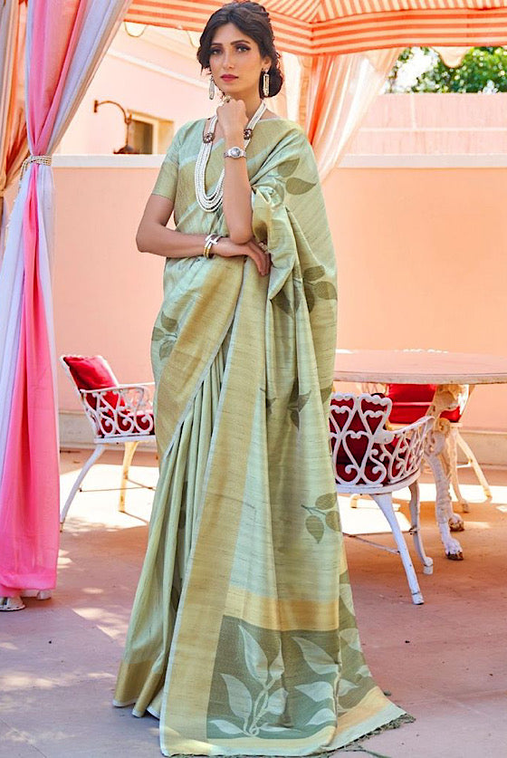 Pistachio Green Woven Banarasi Chanderi Fusion Silk Saree