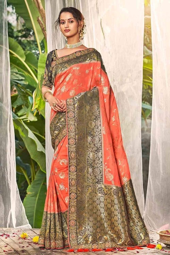 Peach Grey Banarasi Embroidered Blouse Silk Saree