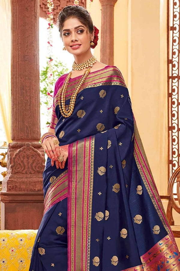 Navy Blue Woven Paithani Silk Saree