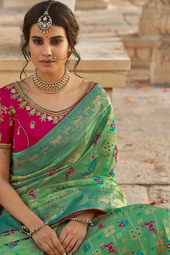 Green Zari Woven Banarasi Saree With Embroidered Blouse