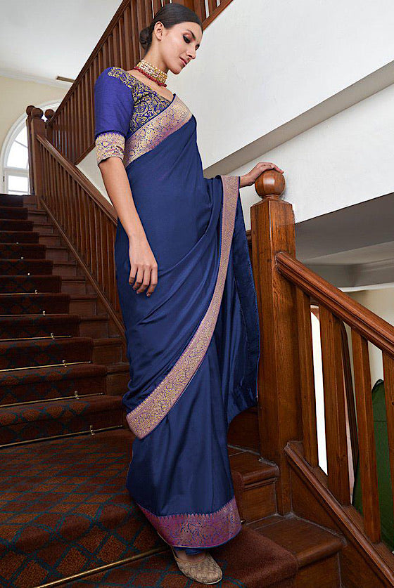 Moon Blue Banarasi Silk Saree With Embroidered Brocade Blouse