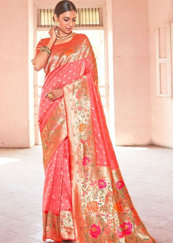 Peach Pink Woven Paithani Silk Saree