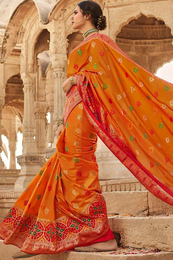 Tangerine Orange Zari Woven Banarasi Saree With Embroidered Blouse