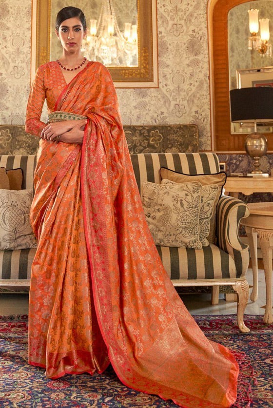 Salsa Orange  Woven Banarasi Tussar Silk Saree With Brocade Blouse