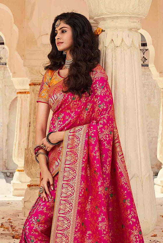 Hot Pink Designer Banaras Zari Woven Silk Saree