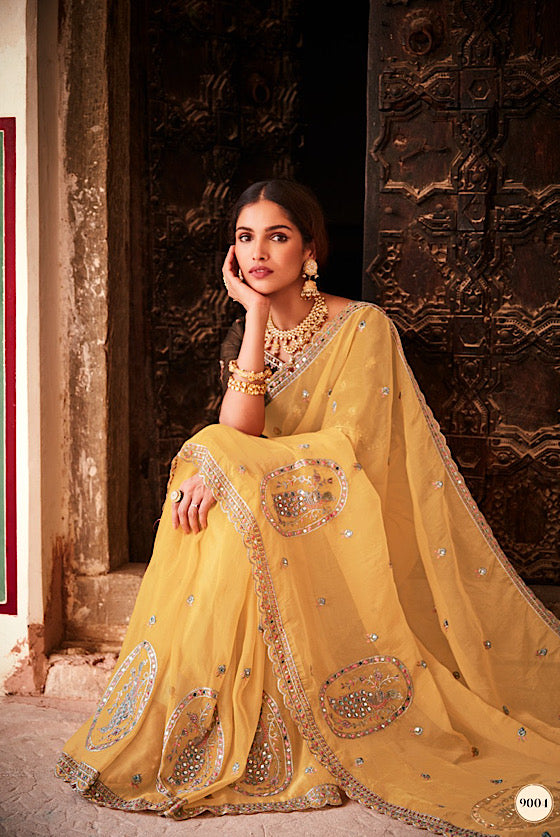 Mustard Yellow  Organza Saree With Designer Blouse