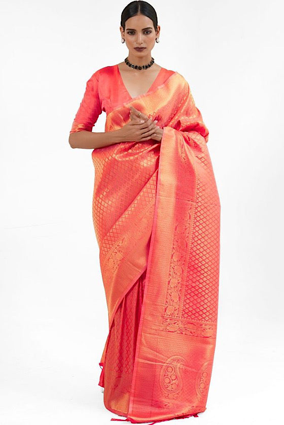 Peach Pink Zari Woven Kanjivaram Silk Saree