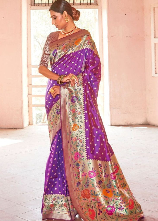 Purple Pink Woven Paithani Silk Saree