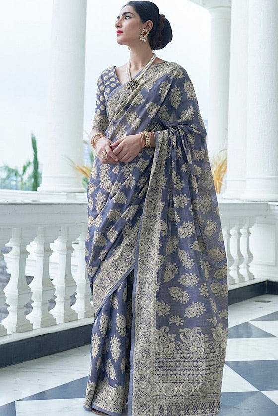 Greyish Blue  Lucknowi Chikankari Saree