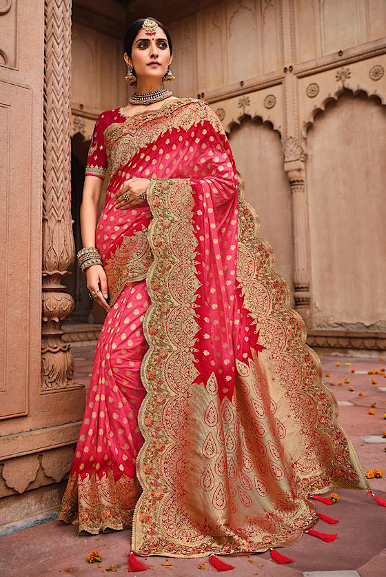 Ruby Pink Embroidered Blouse Banarasi Saree