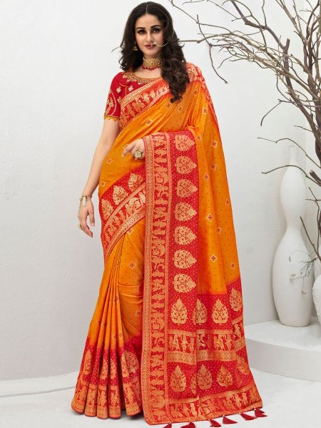 Crimson orange Designer Banarasi Saree With Embroidered Blouse