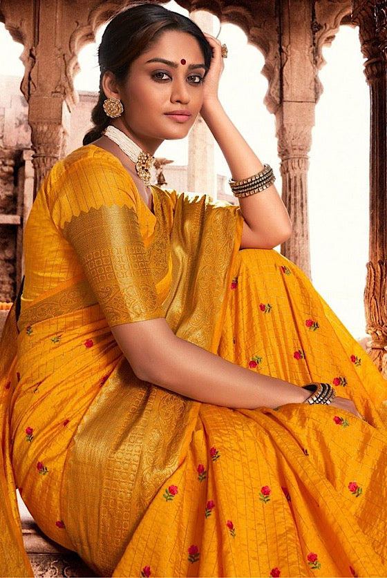 Tuscany Yellow Banarasi Chanderi Woven Silk Saree With All Over Embroidery Buttas