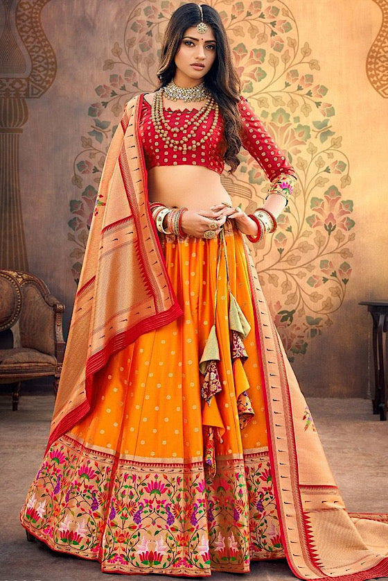 Orange Paithani Silk Lehenga Choli With Banarasi Paithani Dupatta