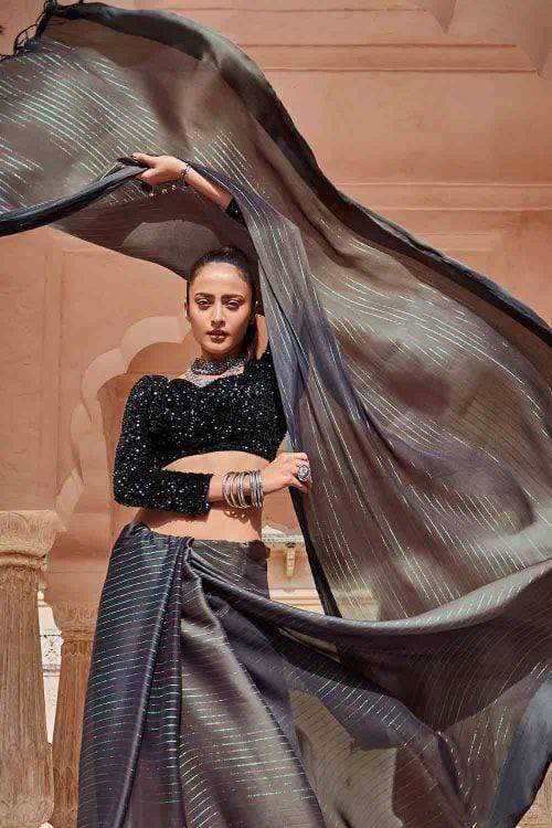 Cement  Grey Exclusive Satin Silk Saree With Sequins Blouse