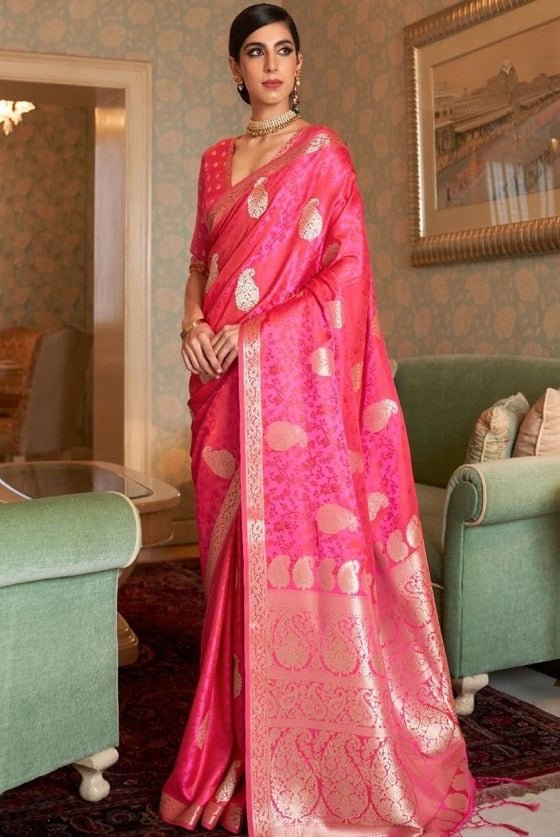 Rose Pink Zari Woven Jamevar Silk Saree