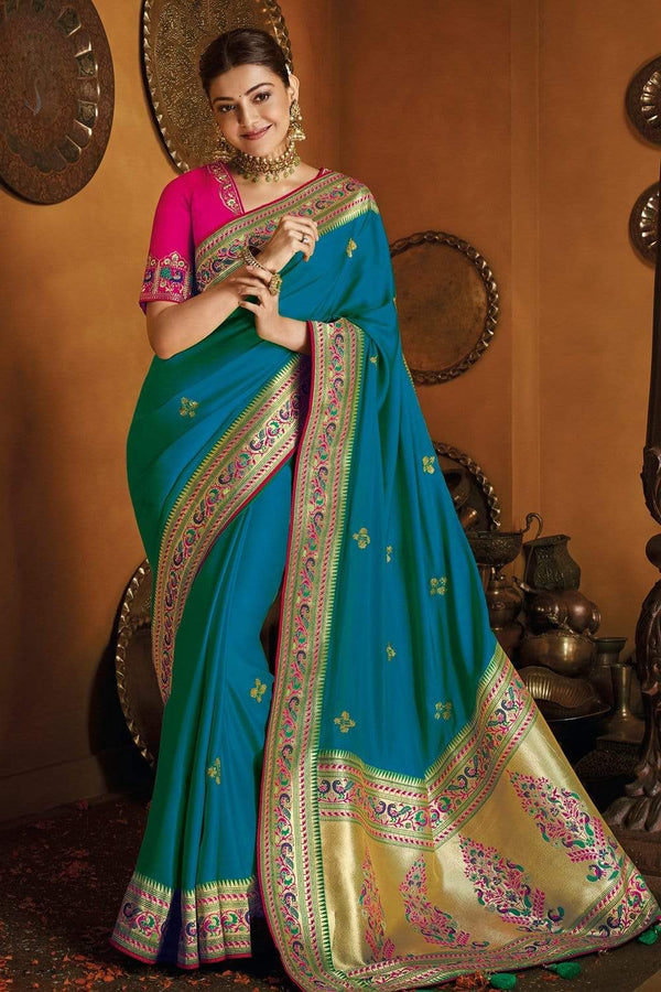 Teal Blue Zari  Woven Paithani Silk Saree