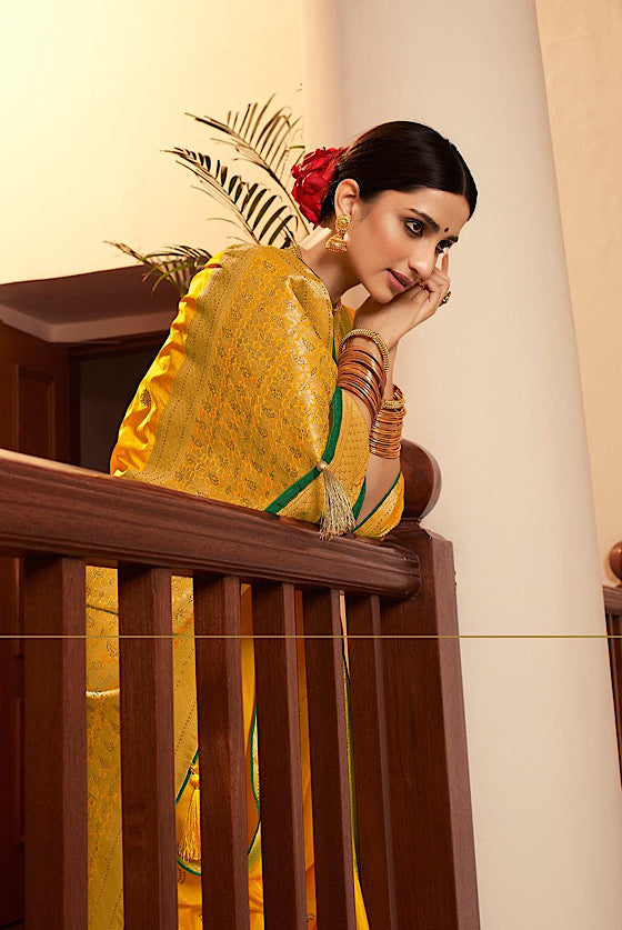 Mango Yellow Zari Woven South Silk Saree With Swaroski