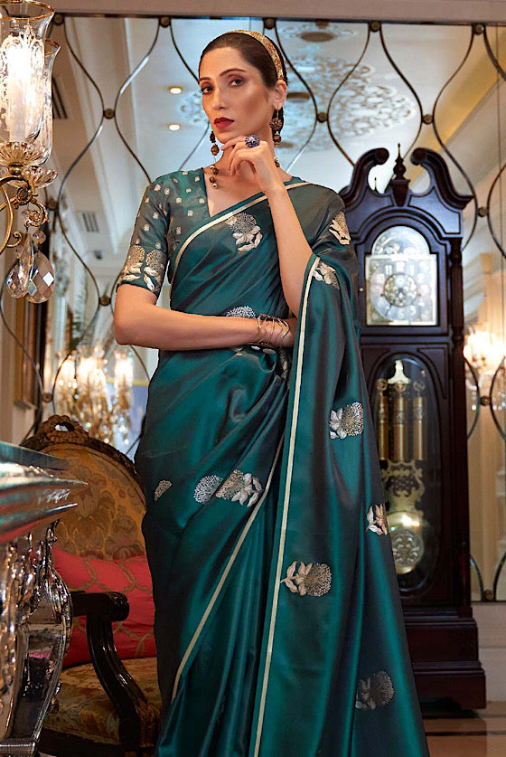 Metallic Green Satin Silk Banarasi Saree