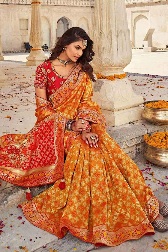 Mustard Yellow Designer Banaras Zari Woven Silk Saree