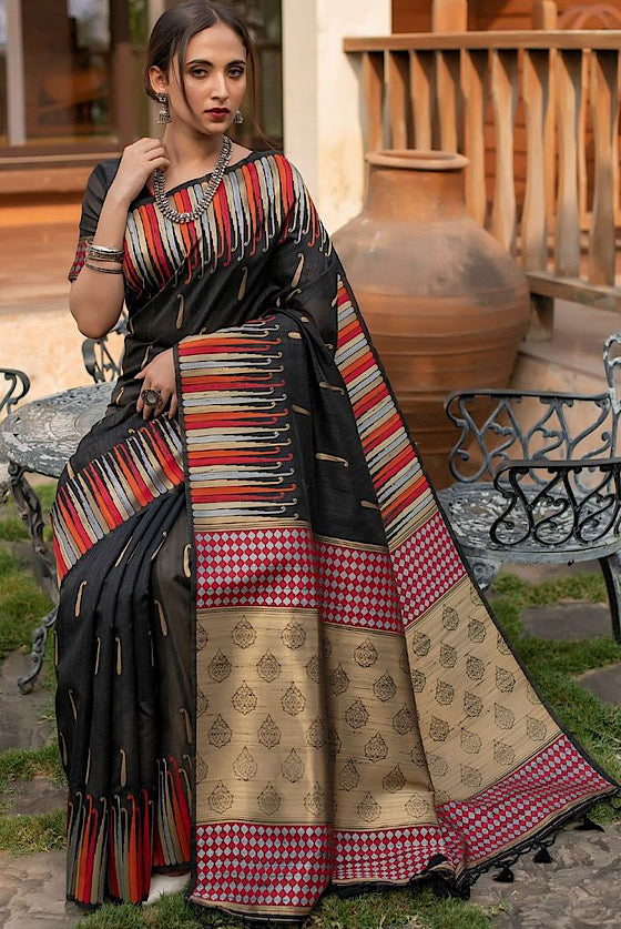 Midnight Black Exclusive Tussar Silk Saree