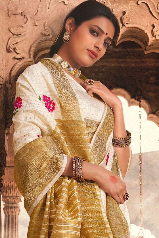 Pearl White Banarasi Chanderi Woven Silk Saree With All Over Embroidery Buttas